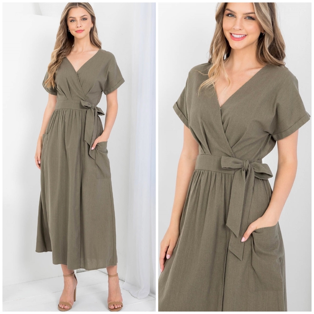 LAST ONE❗ILLA ILLA Chic Olive Surplice Wrap Around Midi Dress - Picture 5 of 10